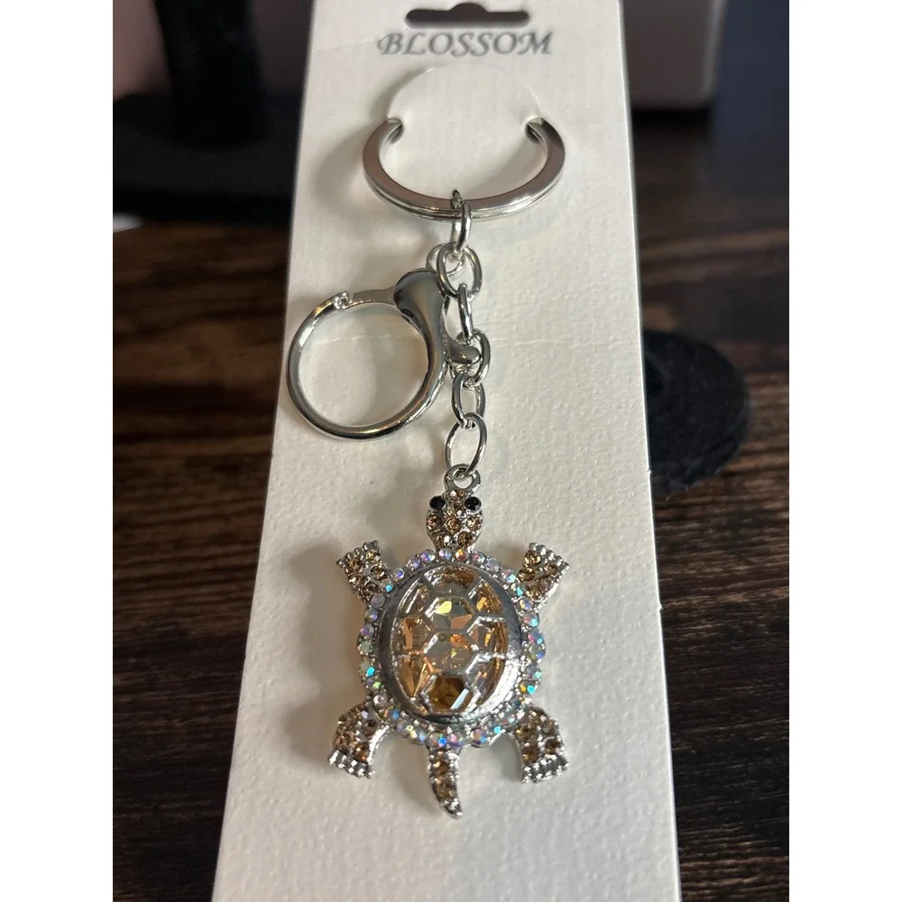 Crystal Turtle Keychain Amber Rhinestone Sea Turtle Bag Charm Silver Tone